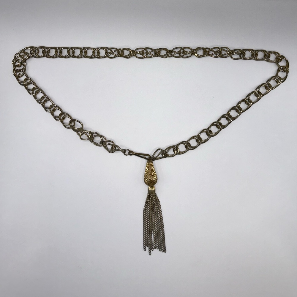 Vintage Chunky Gold Tone Double Link Chain With Tassel Necklace 36” Boho Hippie